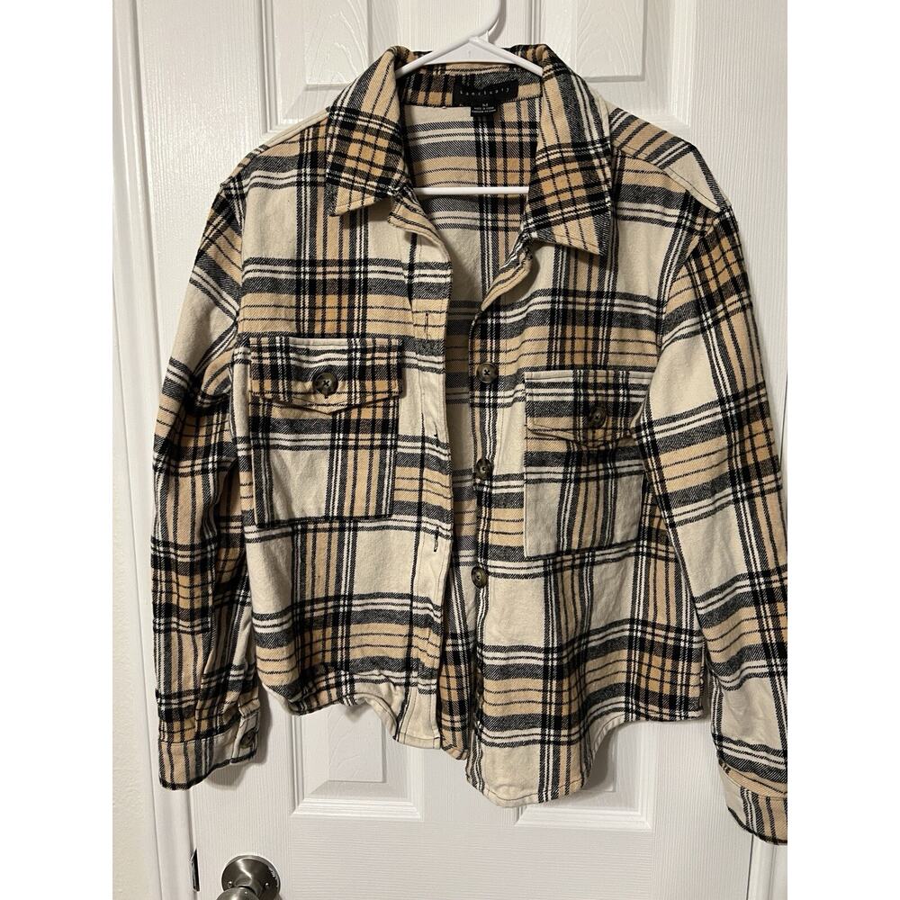 Sanctuary Plaid Flannel Button Down Top Shirt Tan Black Size Medium Casual